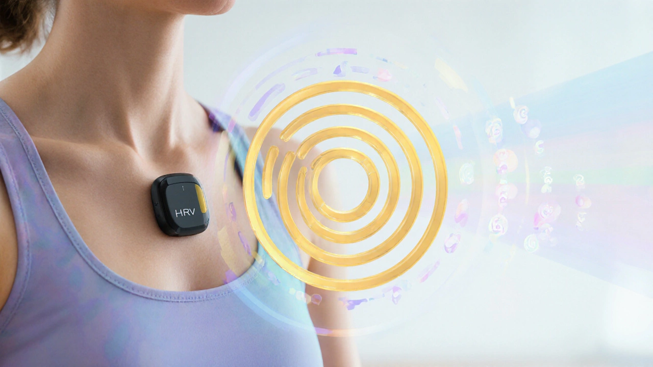 Close-up of chest HRV sensor synced to breathing circles illustrating inhale‑hold‑exhale pattern.