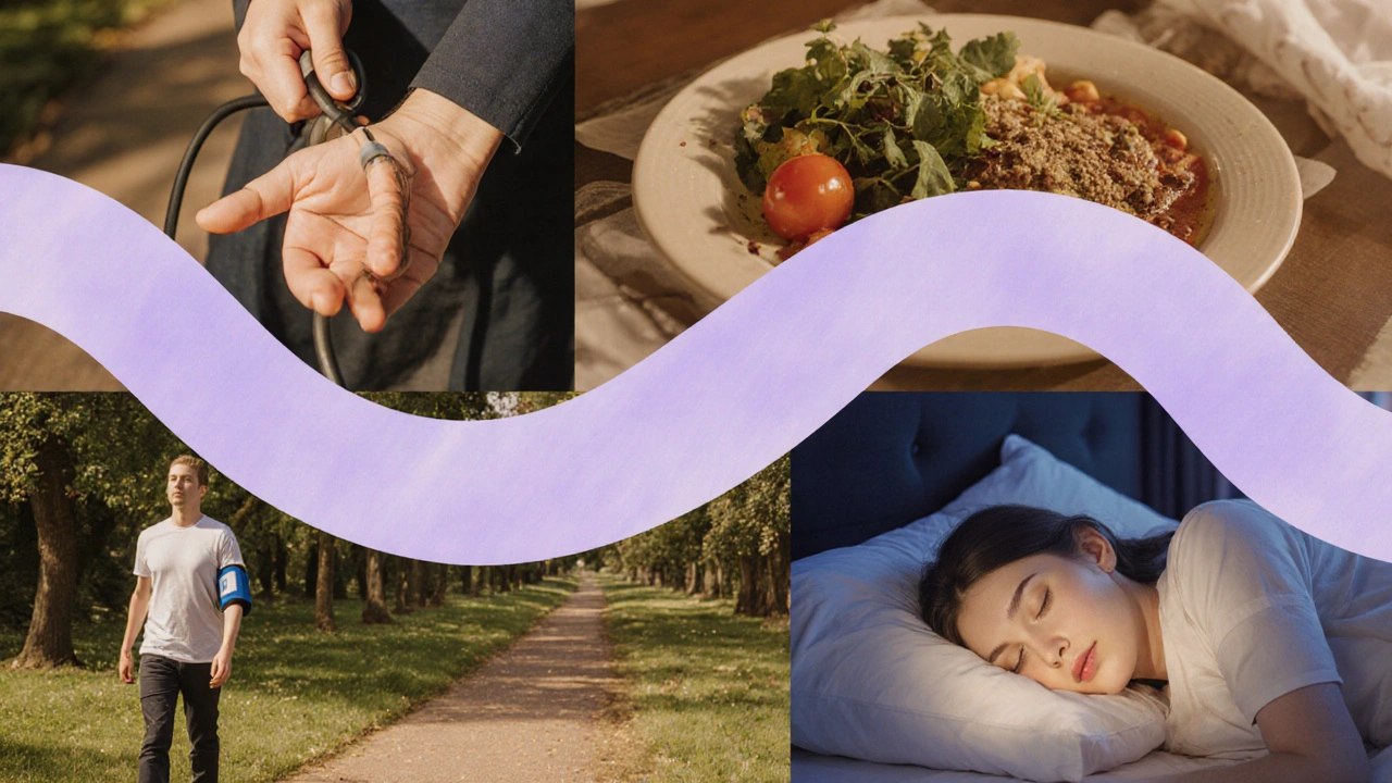 Collage of checking blood pressure, walking, cooking low‑sodium food, and sleeping peacefully.
