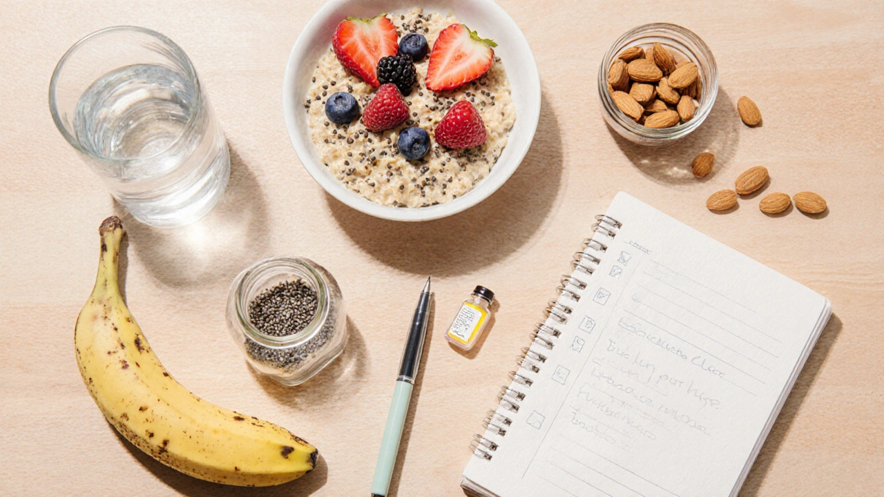 Flat‑lay of gut‑health checklist items: water, oatmeal bowl, probiotic capsule, banana, notebook.