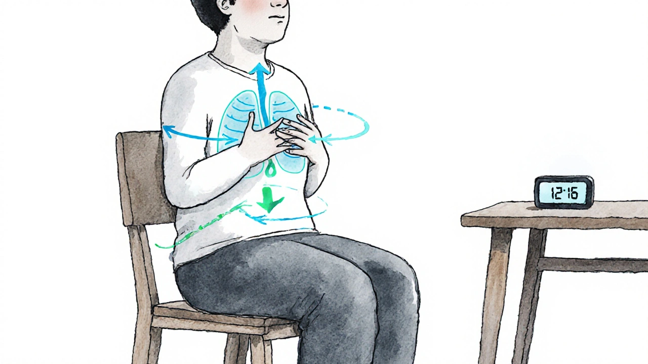 Illustration of guided 4‑2‑6 breathing with hand placement and timer.