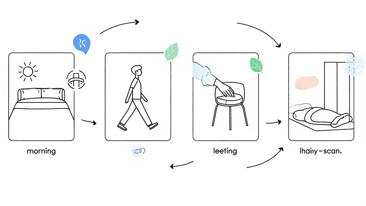 Minimalist collage of four daily mindfulness activities: morning stretch, walking, work pause, evening body scan.