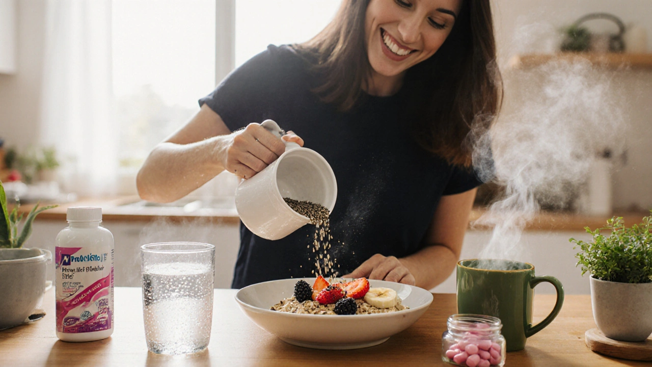 Morning kitchen scene with oatmeal, berries, water glass, and a person preparing a fiber‑rich breakfast.