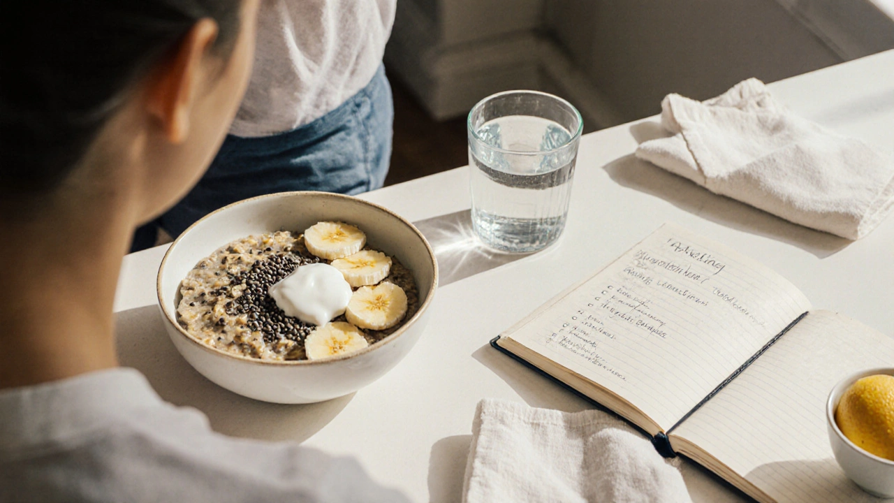 Morning kitchen table with oat bowl, kefir, lemon water and a person stretching.