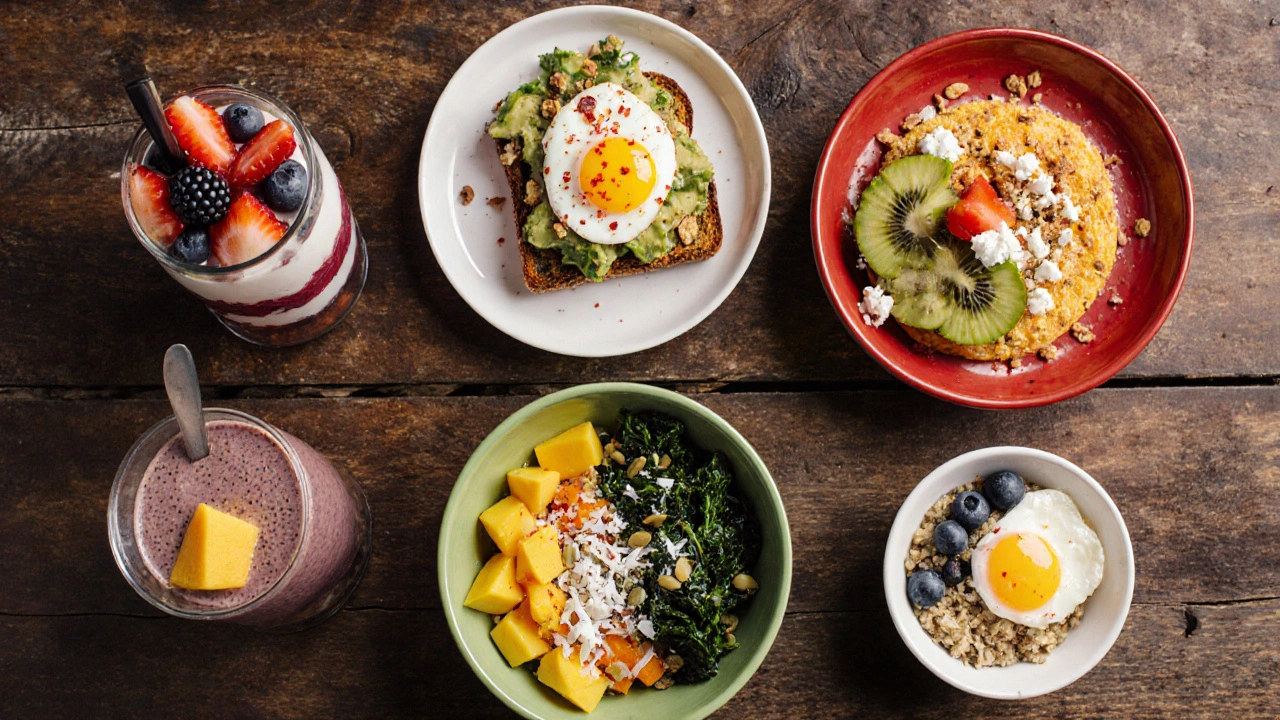Overhead view of assorted healthy breakfast dishes on a wooden table.