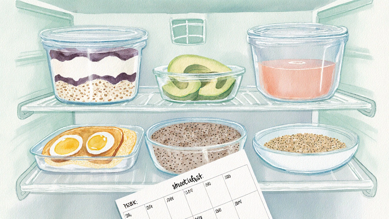 Pastel illustration of a fridge filled with prepared breakfast containers.