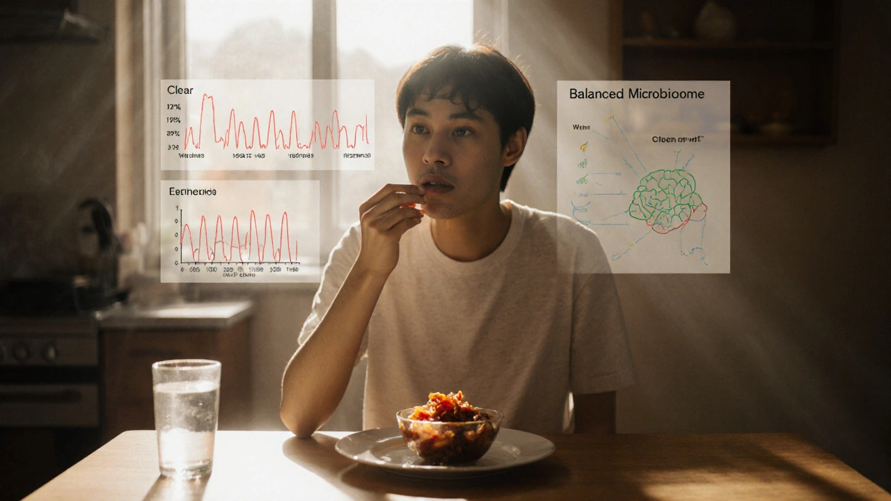 Person eating slowly with fermented food and water, subtle health improvements visible behind them.