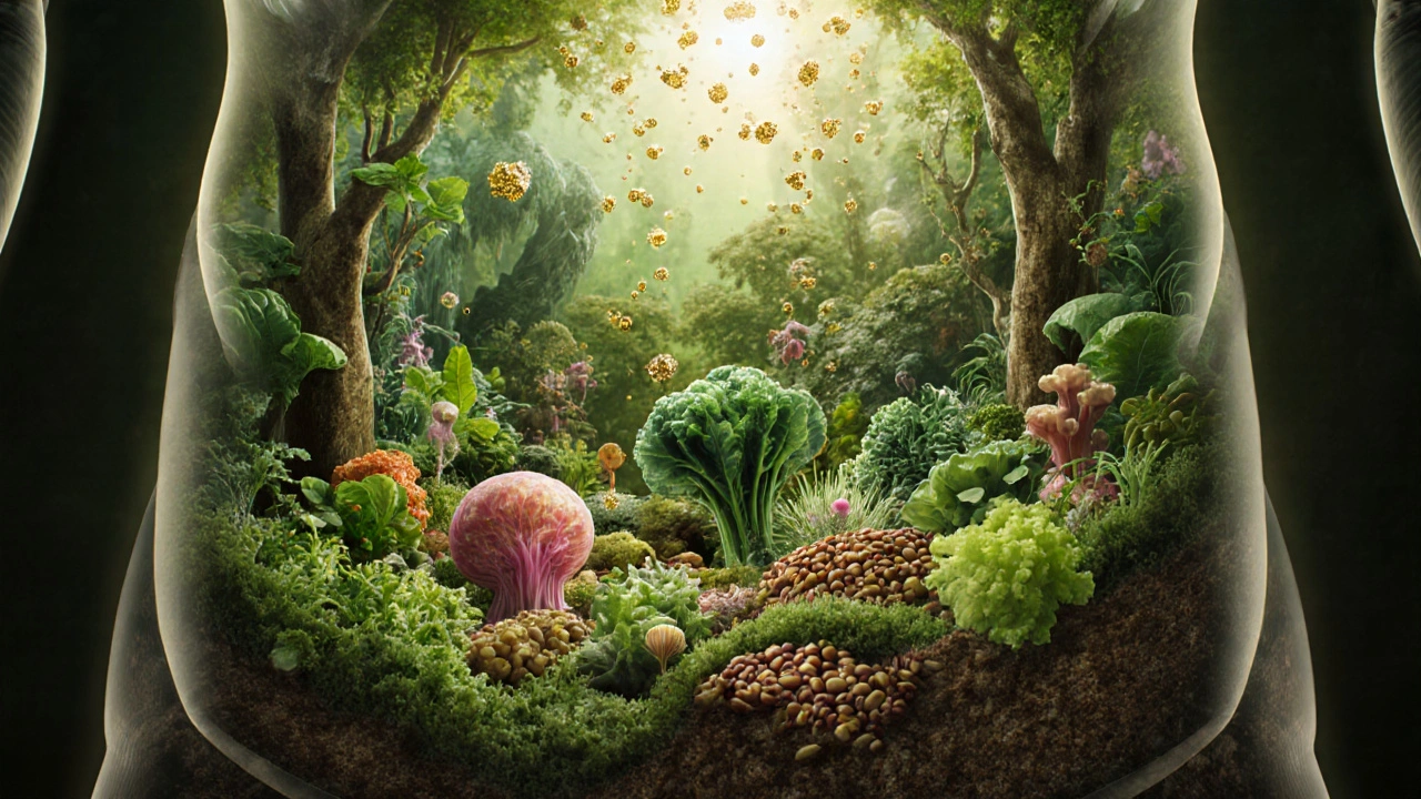 Rainforest-like microbiome inside the gut, thriving on fiber-rich foods with golden particles rising.