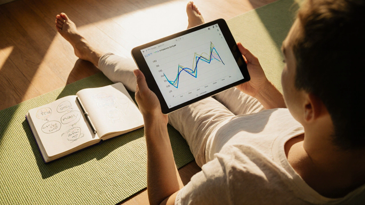 Relaxed person on yoga mat viewing rising HRV trend graph beside notebook, symbolizing combined therapy.