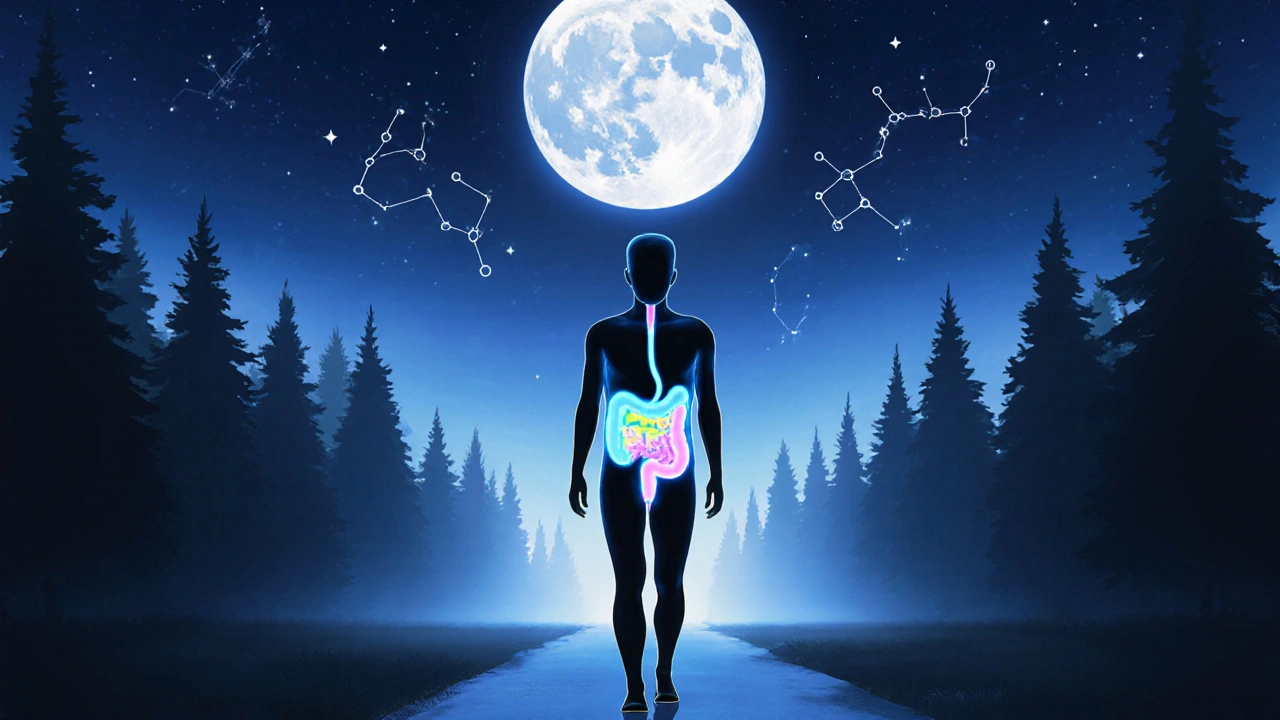 Silhouette of a walker at night with a glowing, healthy gut interior.