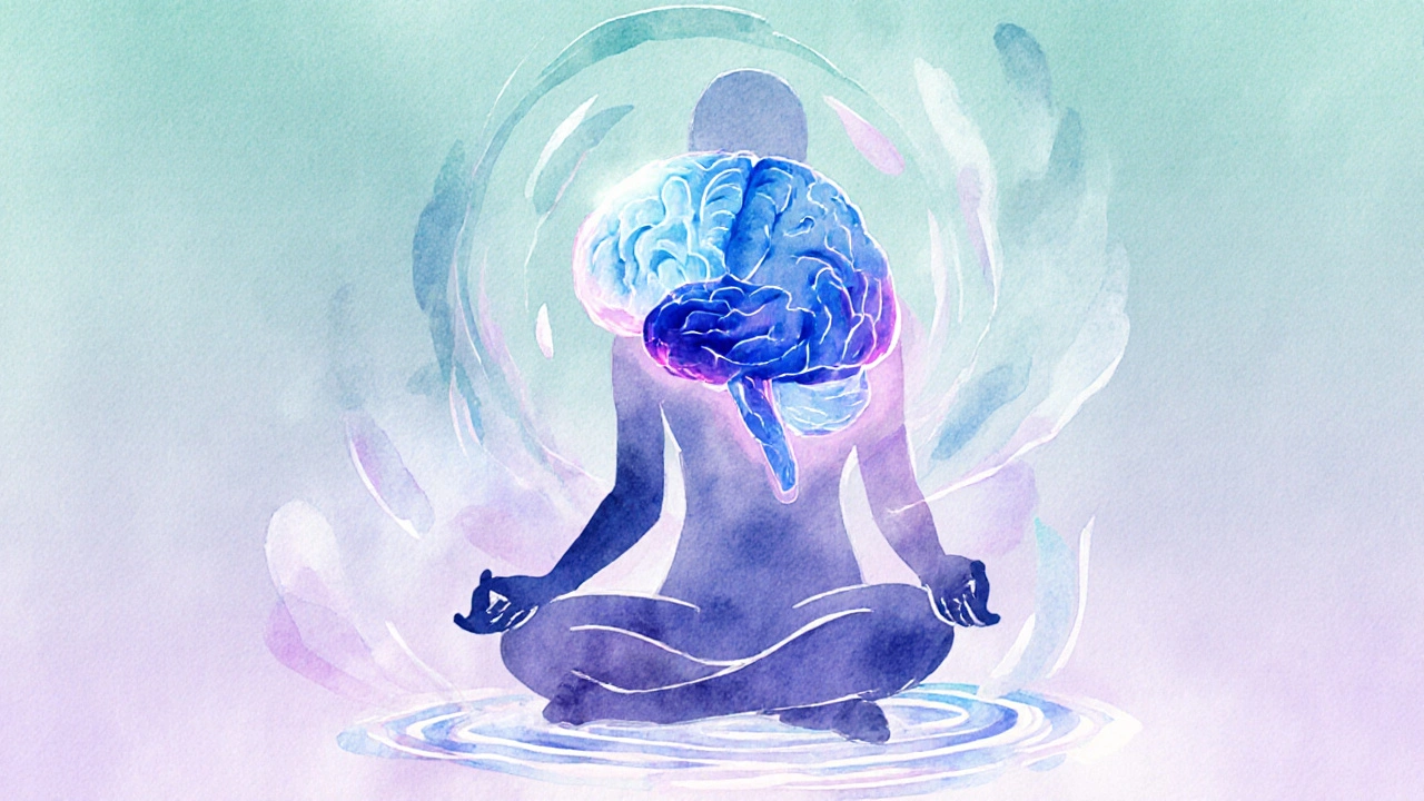 Watercolor of a seated silhouette with a highlighted brain showing calm amygdala and active prefrontal cortex.