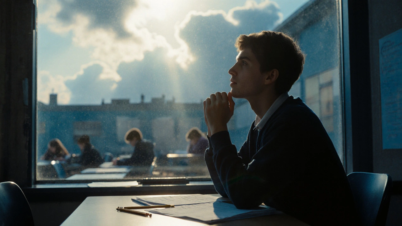 A calm student breathing deeply at a window during a test, surrounded by anxious classmates.