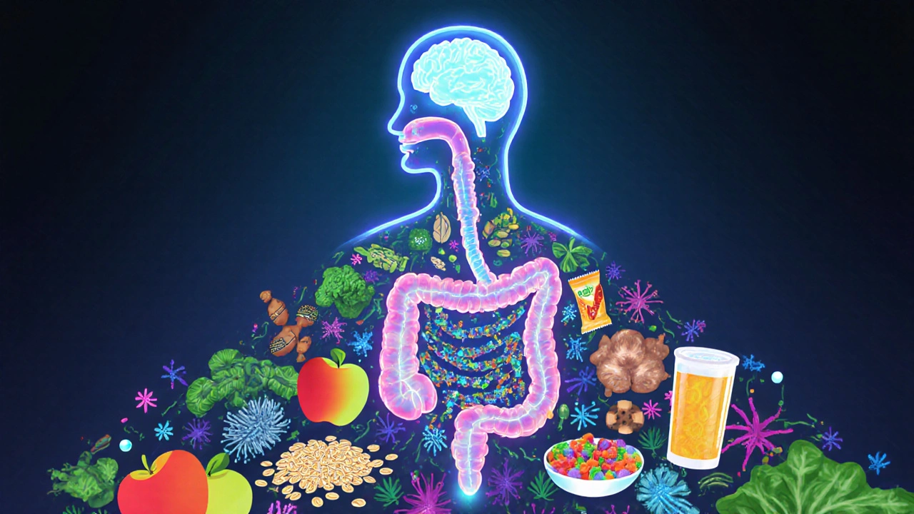 A glowing digestive tract with beneficial microbes and whole foods flowing through, connected to a peaceful brain in soft bioluminescent light.