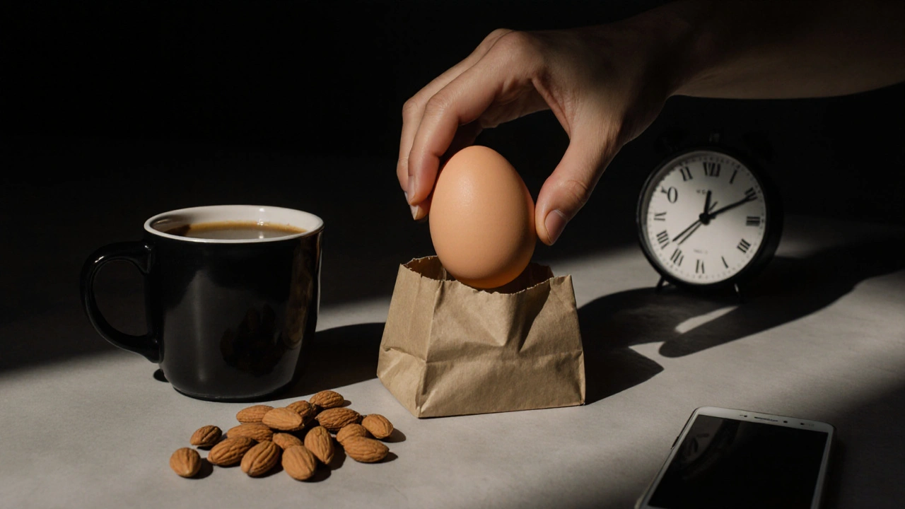 A hand placing a boiled egg and almonds into a bag beside a coffee cup, symbolizing a simple healthy start.