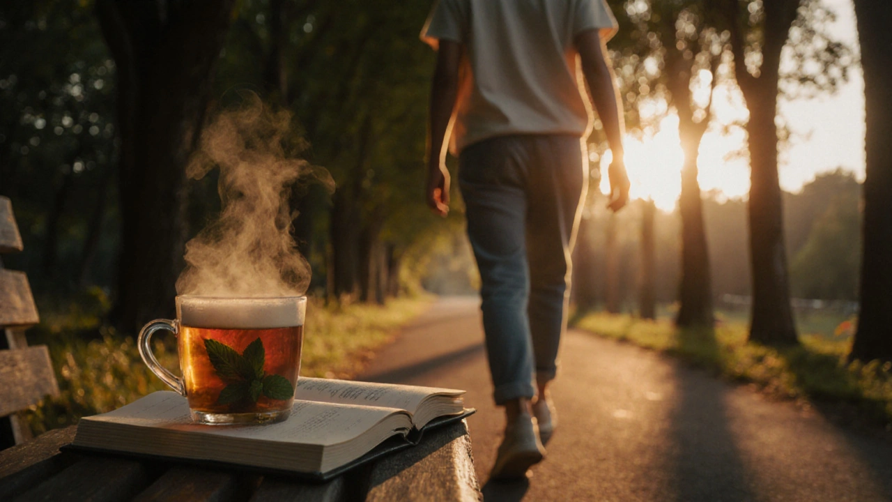A person walking calmly on a tree-lined path at dusk beside a bench with herbal tea and an open journal.