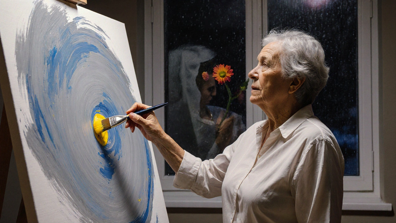 A woman painting a yellow flower on a dark canvas, symbolizing healing through art.