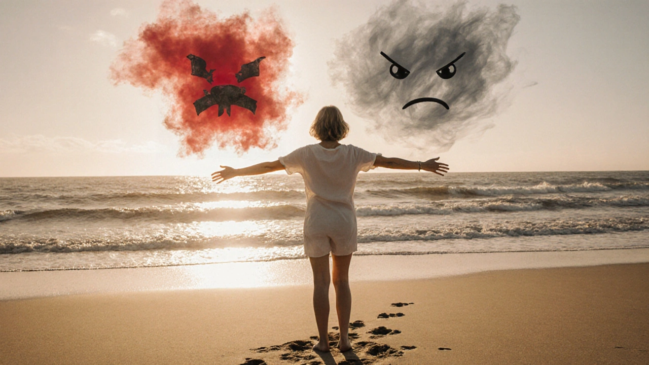 A woman standing peacefully on a beach at sunset, observing emotional storms pass without being swept away.