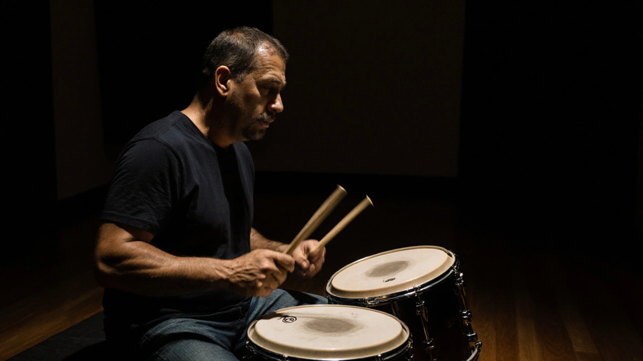 An adult drumming in a quiet room, lost in the rhythm of music therapy.