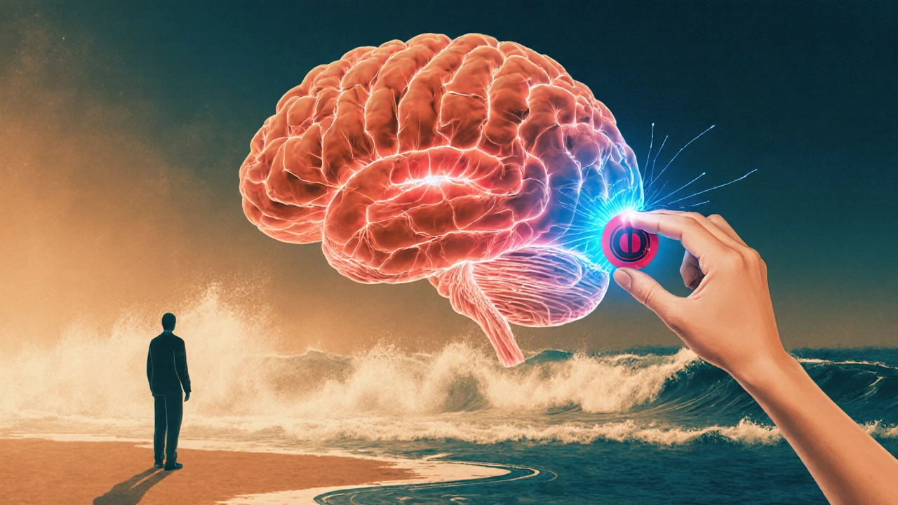 An artistic brain illustration showing emotional alarm signals being gently paused by rational thought.