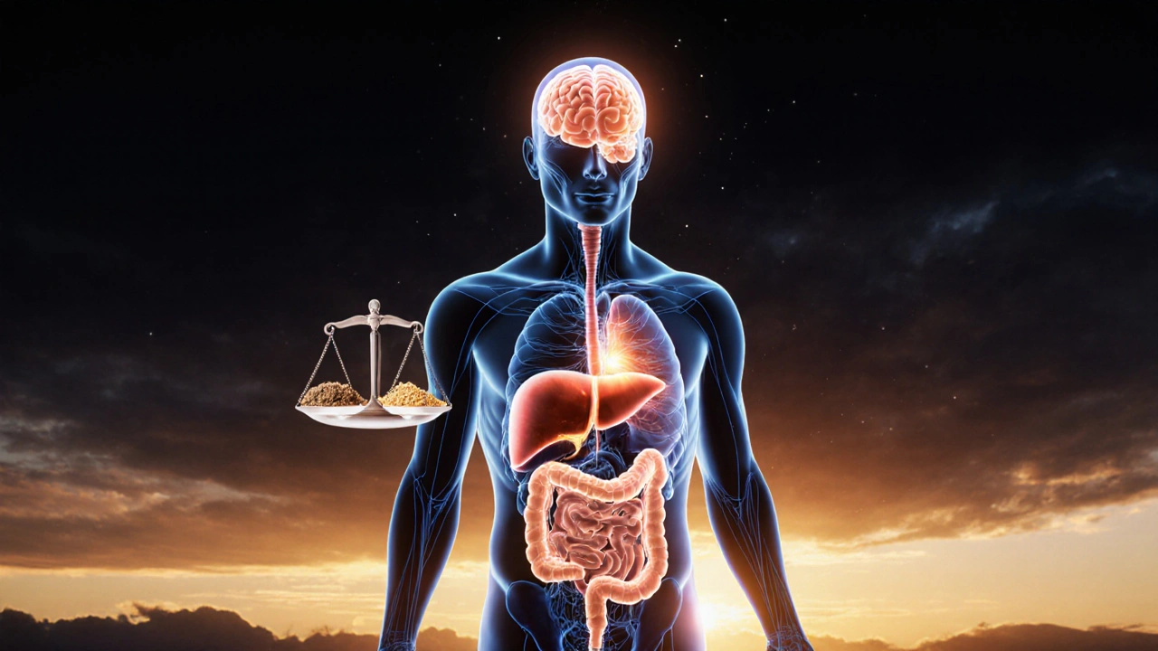 An artistic depiction of internal body systems glowing with energy from a healthy morning meal.