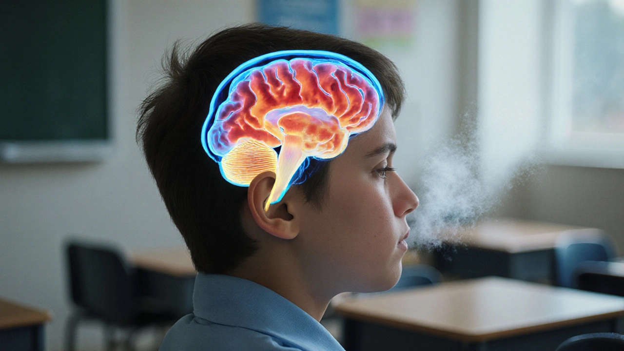 Brain scan showing increased focus activity and reduced stress activity in a meditating student.