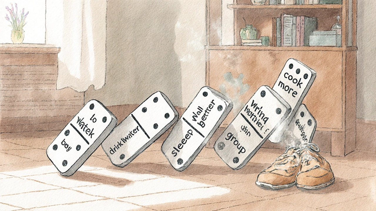 Colorful dominoes falling in a home, each representing a health habit leading to positive change.