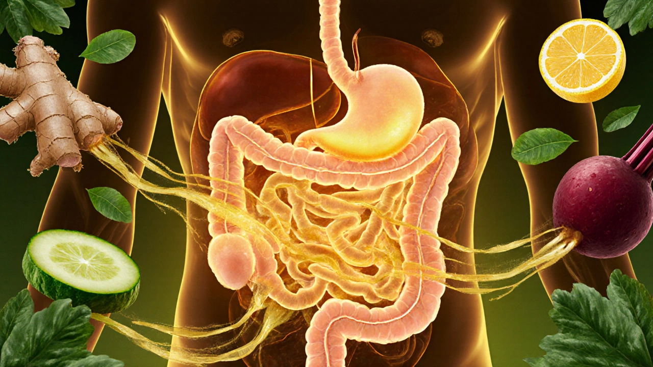 Glowing digestive tract infused with streams of vegetable juice, surrounded by floating greens and citrus.