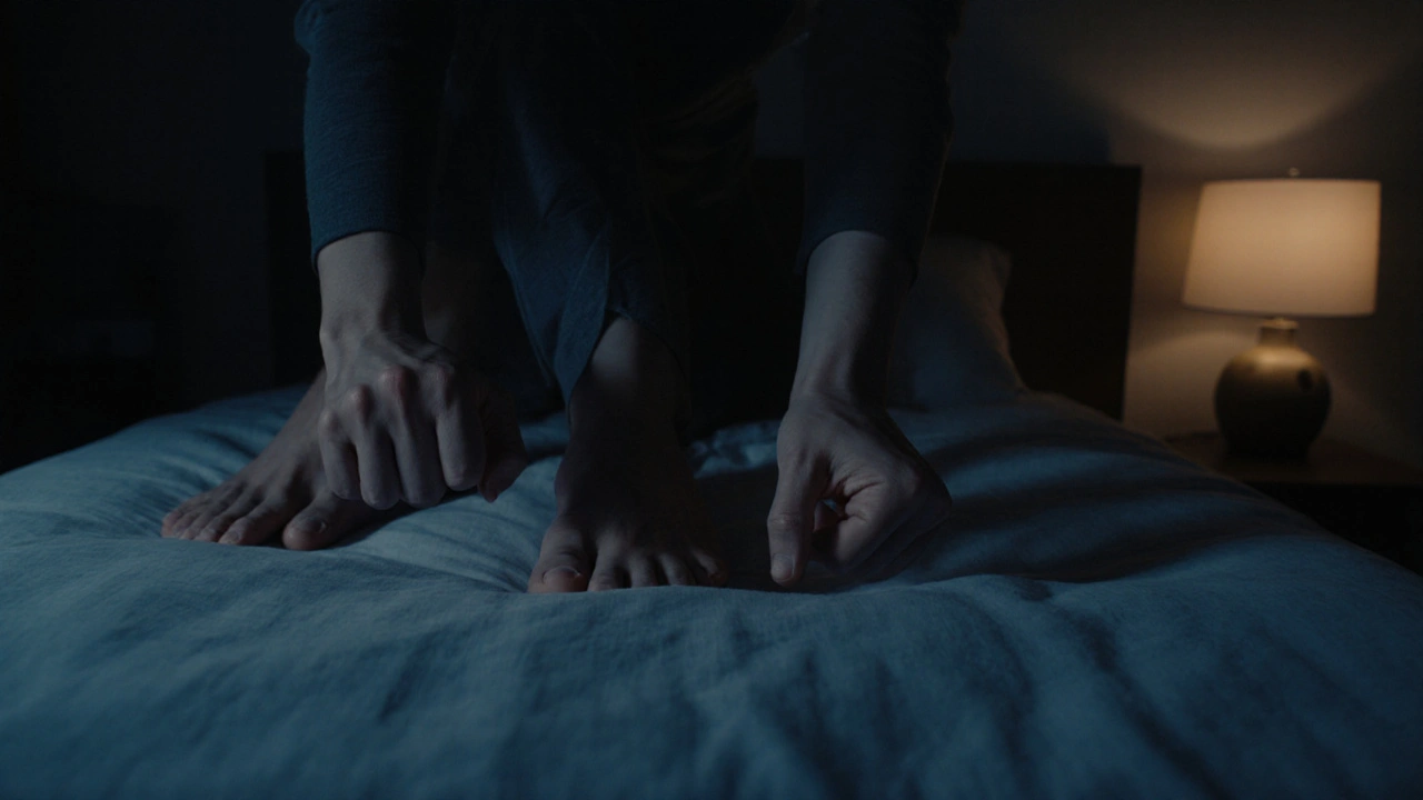 Hands showing tension and release in progressive muscle relaxation, nighttime bedroom setting.