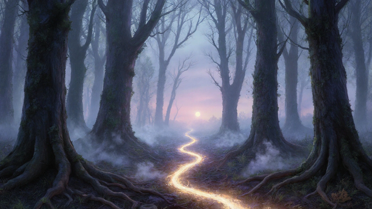 Imagined forest scene visualized during guided relaxation, soft light and mist surrounding a resting figure.