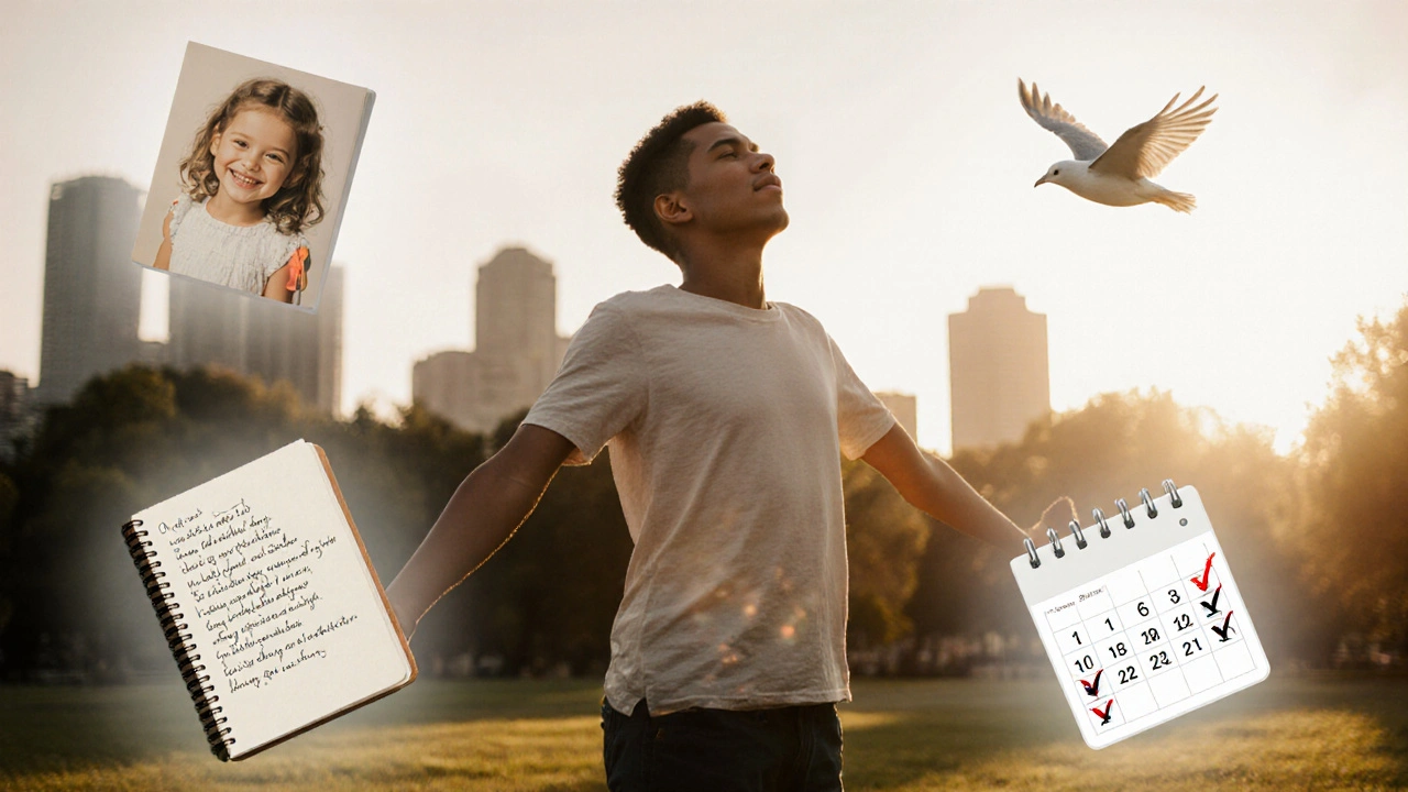 Person in park at sunset, surrounded by faint images of improved life moments.