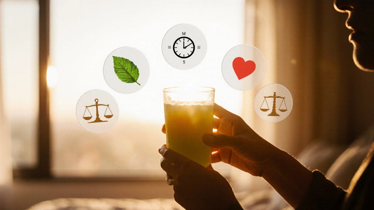 Silhouette of a person holding fresh juice at sunrise with floating icons representing health and balance.