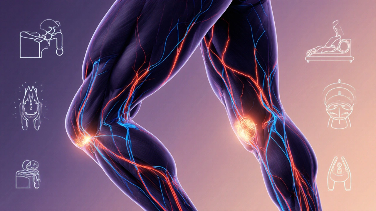 Stylized anatomical illustration showing improved blood flow and healing in muscles during sports massage.