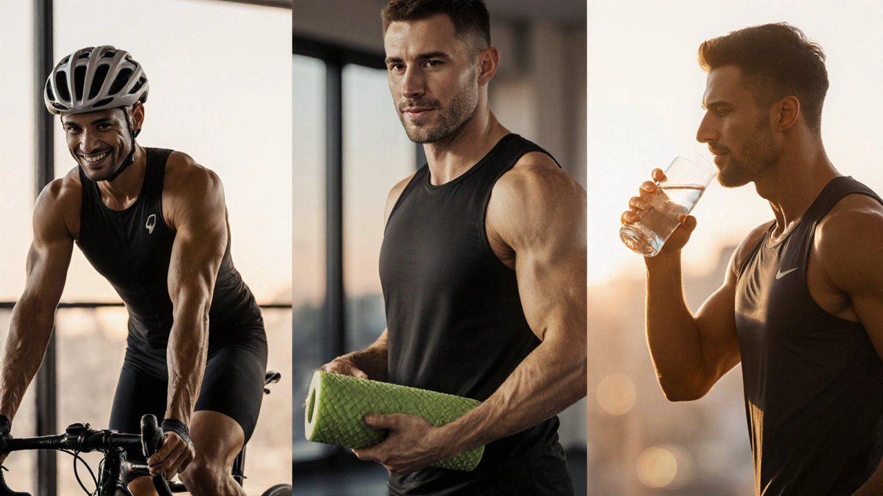 Three athletes recovering after sports massage, golden hour light, foam roller and water bottles visible.