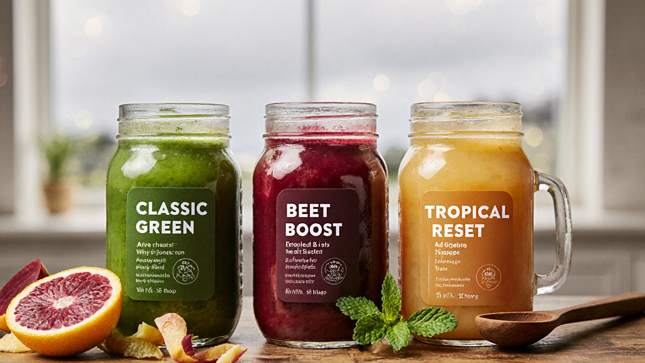 Three colorful fresh juices in glass jars with citrus peels and mint leaves on a rustic countertop.