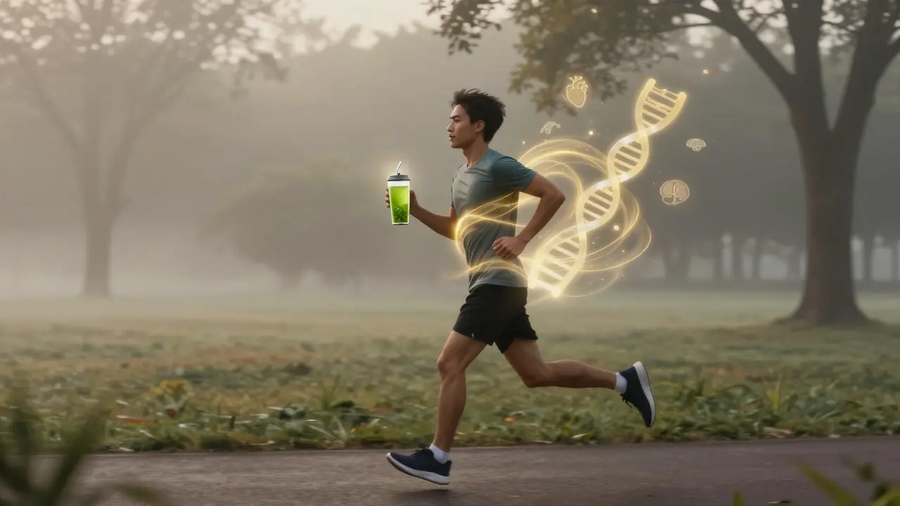 A person jogging at dawn with glowing energy waves from green tea.