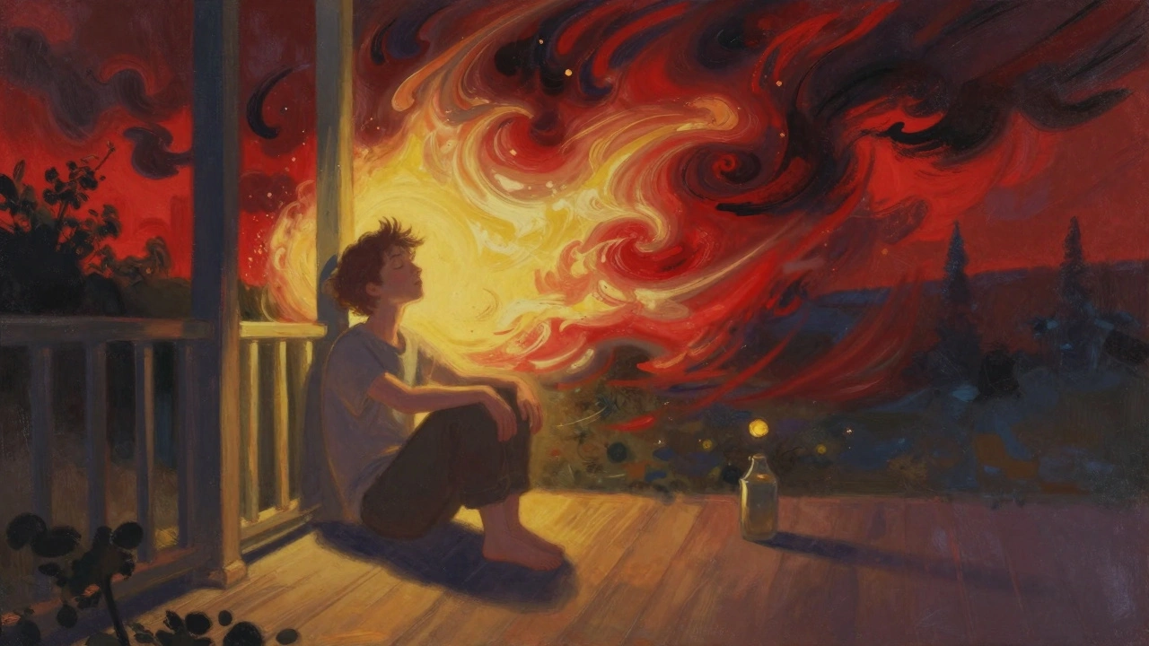 A person sitting peacefully on a porch at dusk, surrounded by swirling emotional energies but remaining still and centered.