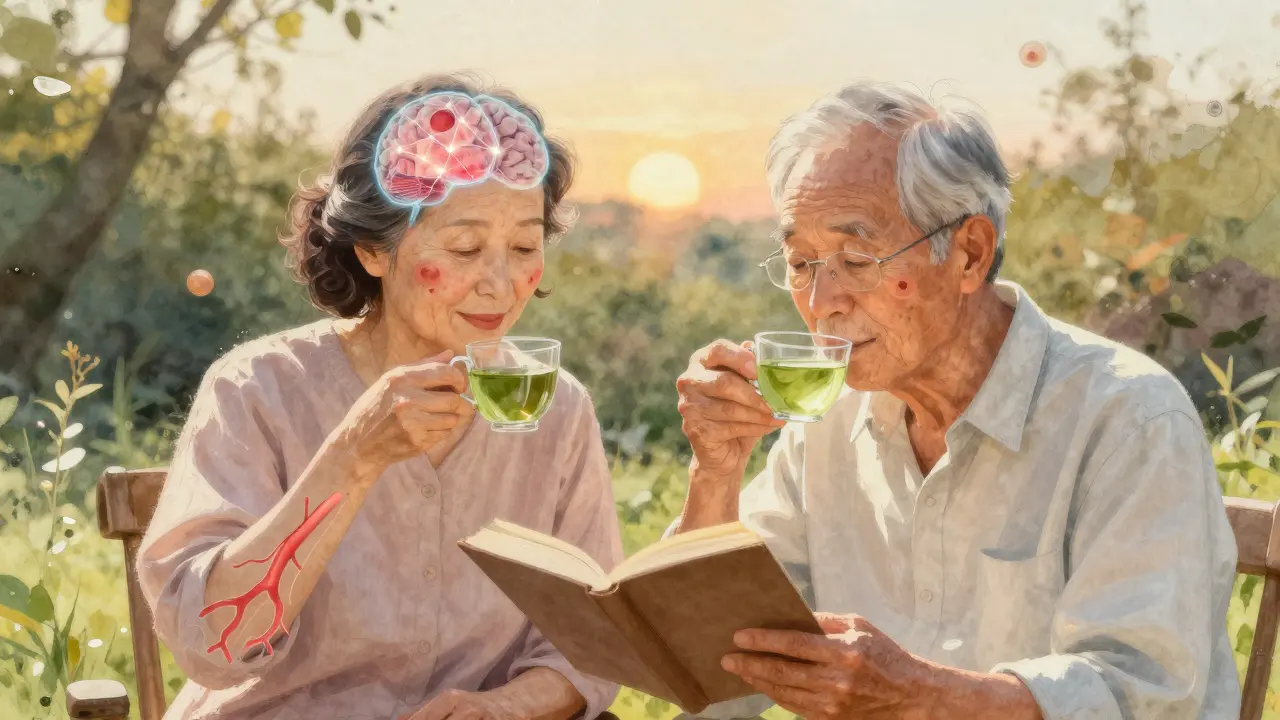 An elderly couple in a garden with subtle health symbols around them.