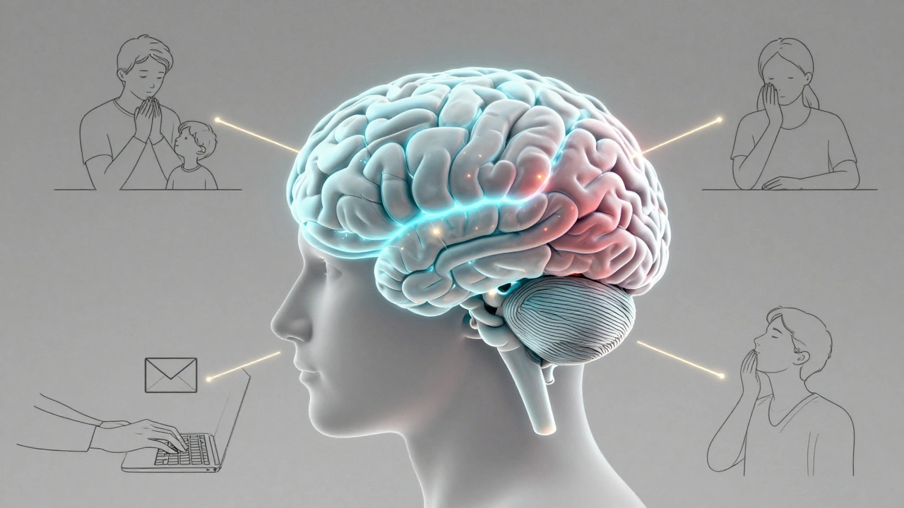 An illuminated brain showing the calm prefrontal cortex glowing while the stressed amygdala fades, connected to everyday moments of pause.