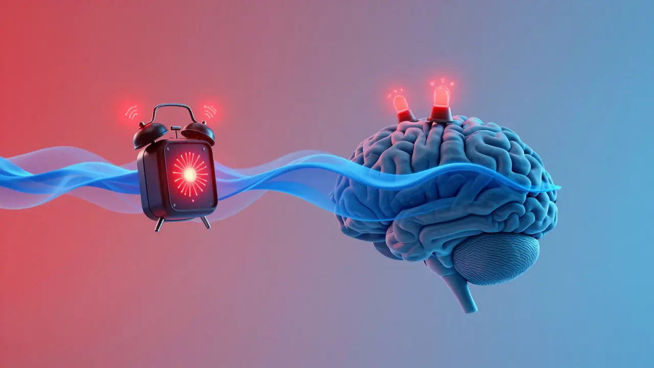 Brain with red alarm signals being calmed by a blue wave of acceptance.