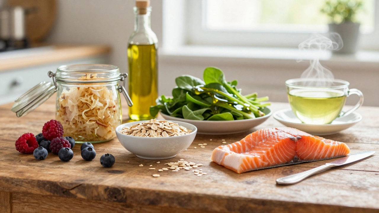 Colorful array of anti-inflammatory foods on a wooden table: sauerkraut, berries, salmon, olive oil, and green tea in natural morning light.