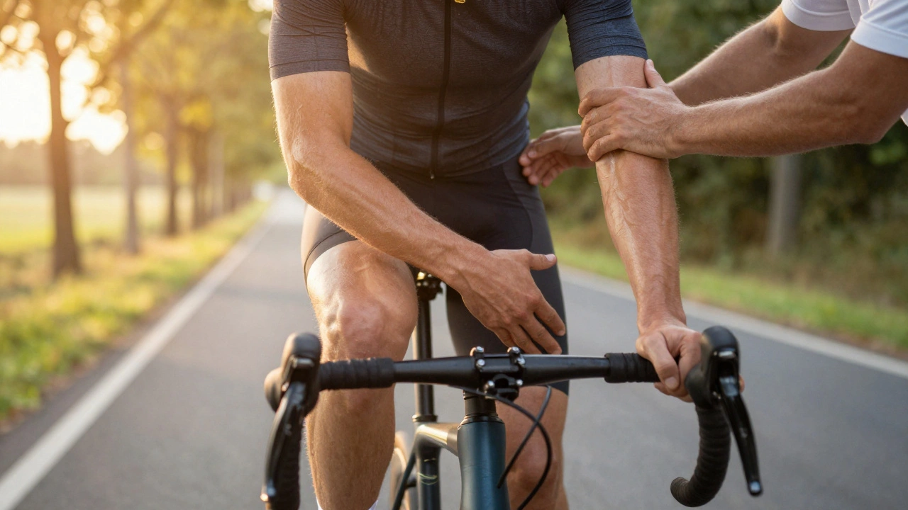 Cyclist riding with translucent massage hands overlay, golden light, dust in air, symbolizing recovery during motion.