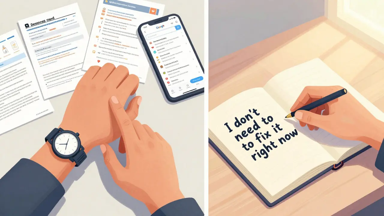 Hand checking pulse on left, same hand calm with journal on right, showing contrast.