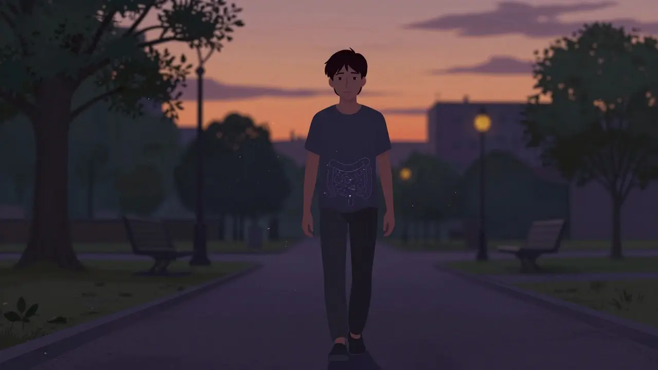 Person walking gently in a park at twilight, with subtle glowing particles representing gut health.