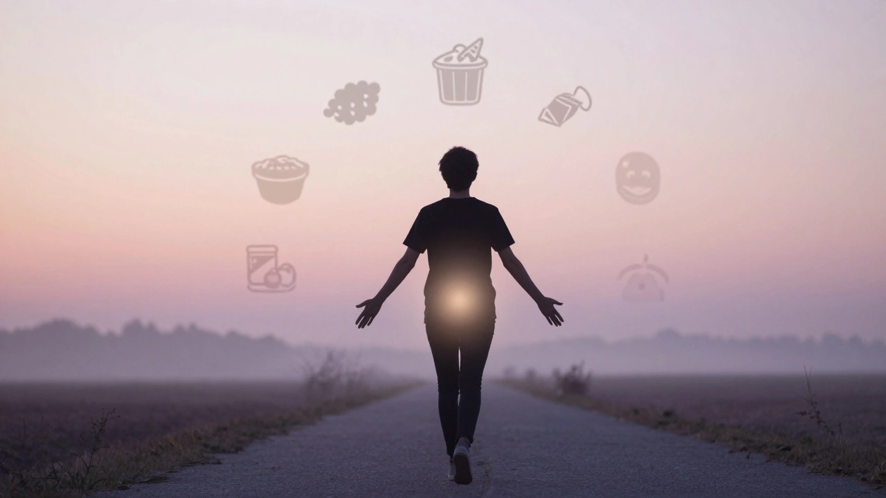 Silhouette of a person walking at dawn with a glowing abdomen, symbolizing reduced inflammation as negative icons fade into mist.
