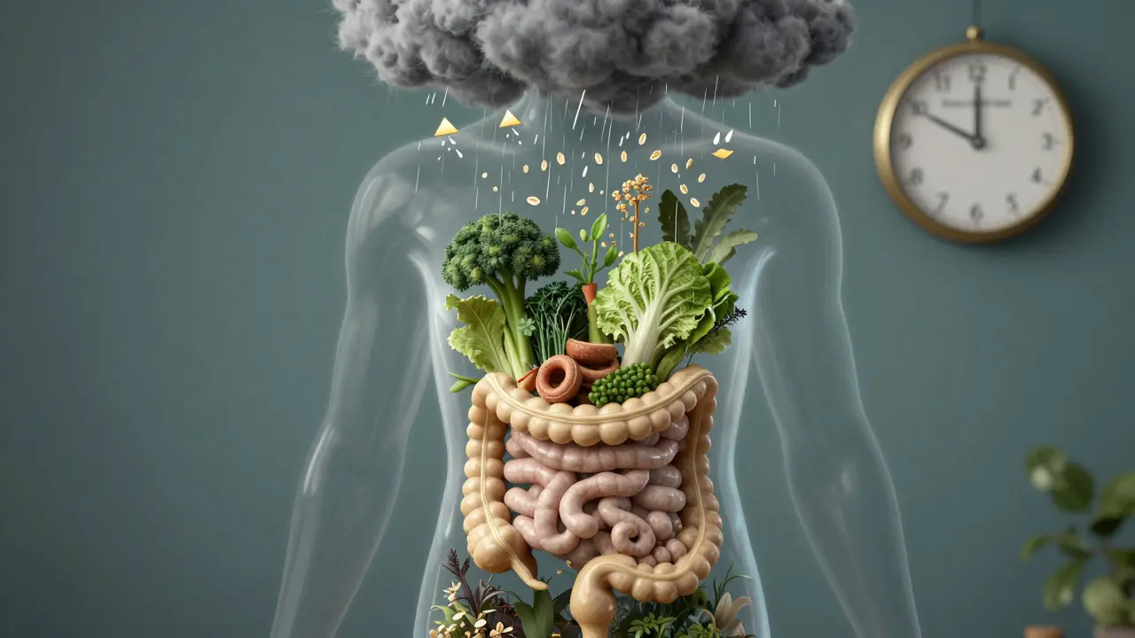 Translucent human torso showing a vibrant gut ecosystem nourished by healthy foods and calm energy.