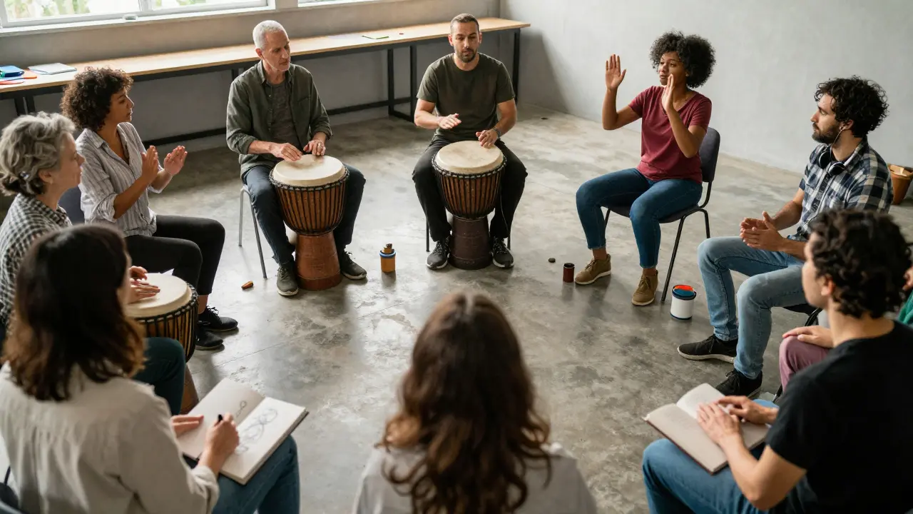A diverse group engaging in creative arts therapy — drumming, drawing, and moving — in a community setting.