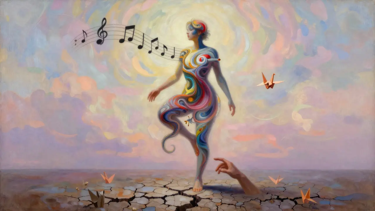 A figure composed of paint, music, and paper cranes rising from the earth in a dreamlike scene.