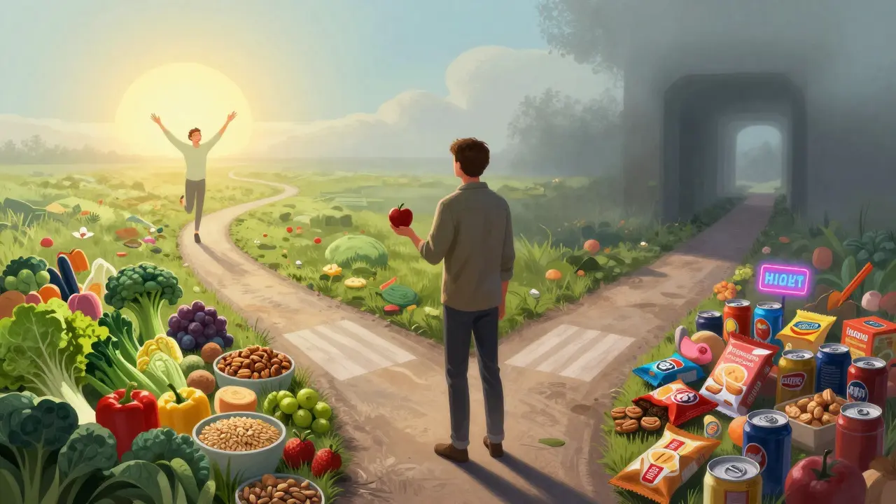 A person choosing a path of whole foods over processed snacks in a symbolic crossroads.