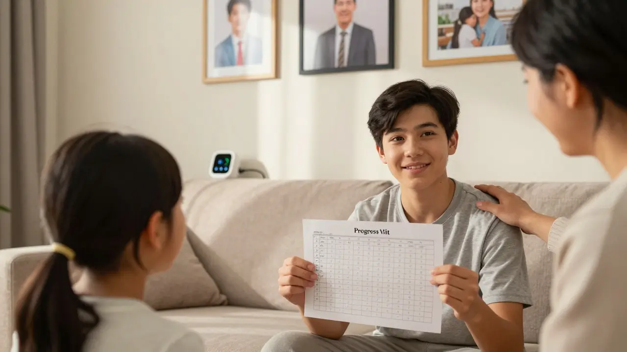 A supportive family with a teen holding a progress chart after successful biofeedback treatment.