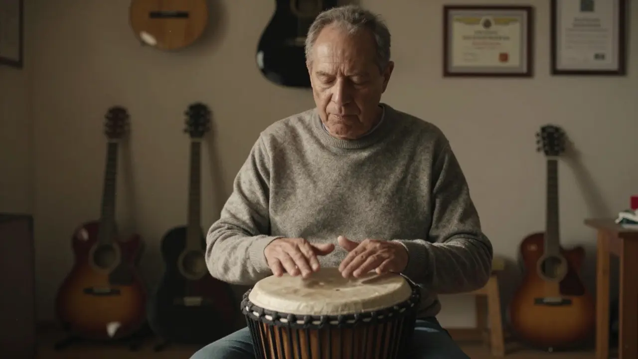 A veteran gently drumming a djembe with closed eyes in a calm, sunlit room.