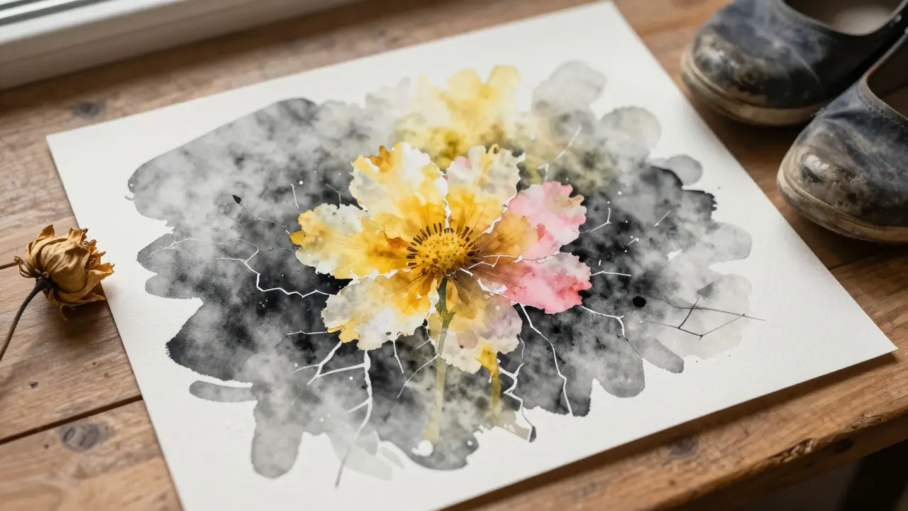 An abstract watercolor flower emerging from dark to light, symbolizing emotional healing and renewal.